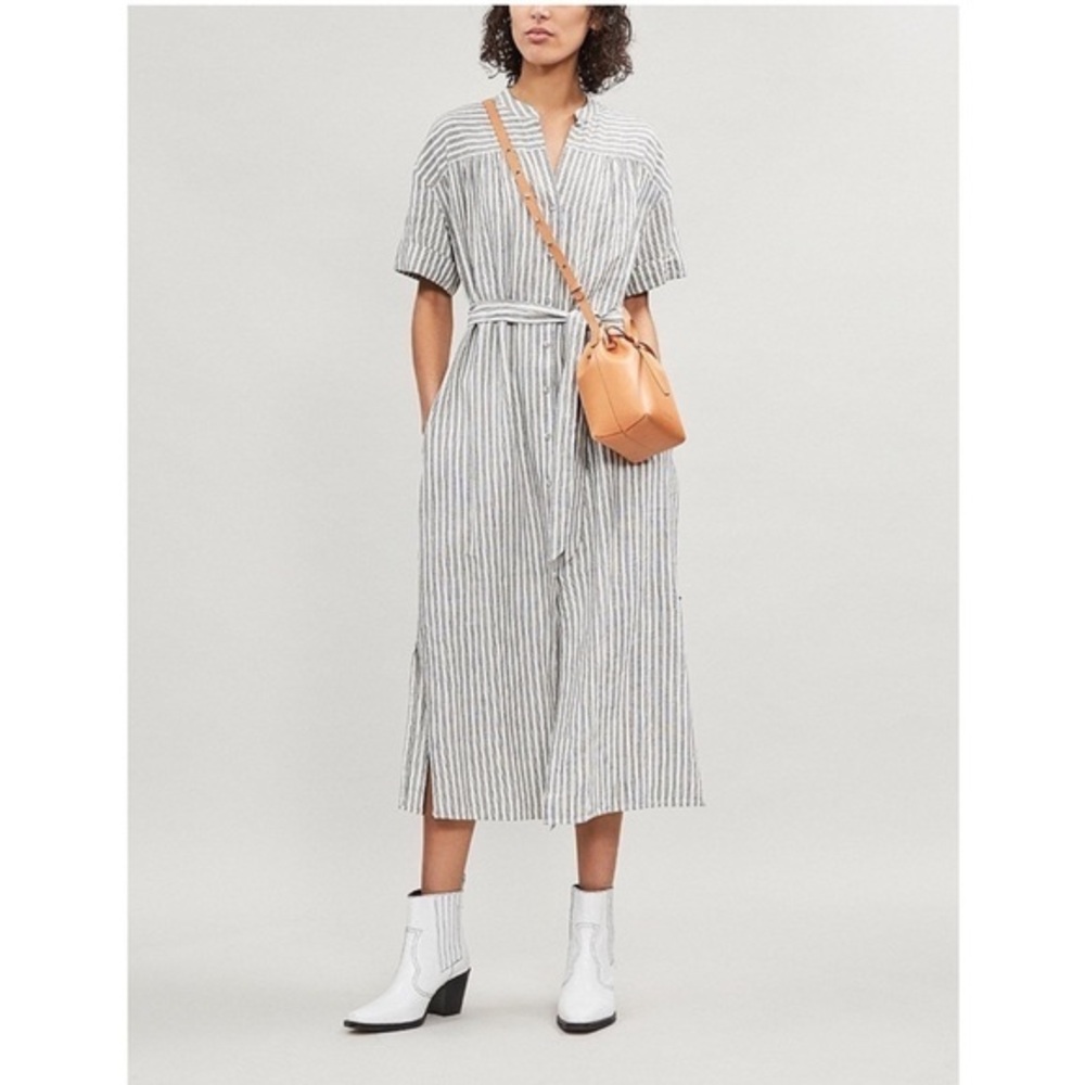 Frame NWOT Striped Button Up Belted Shirt Dress Linen Blend Size Medium